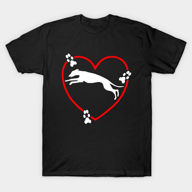 Running White Greyhound Red Heart Paw Prints T-Shirt by Greyt Graphical Greyhound